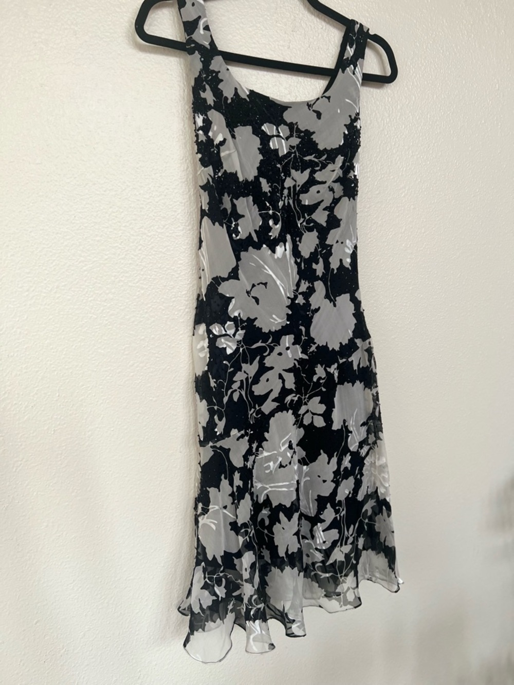 Y2K Whimsical Black and White Overlay Midi Beaded Sheer Floral Slip Dress - Picture 6 of 7